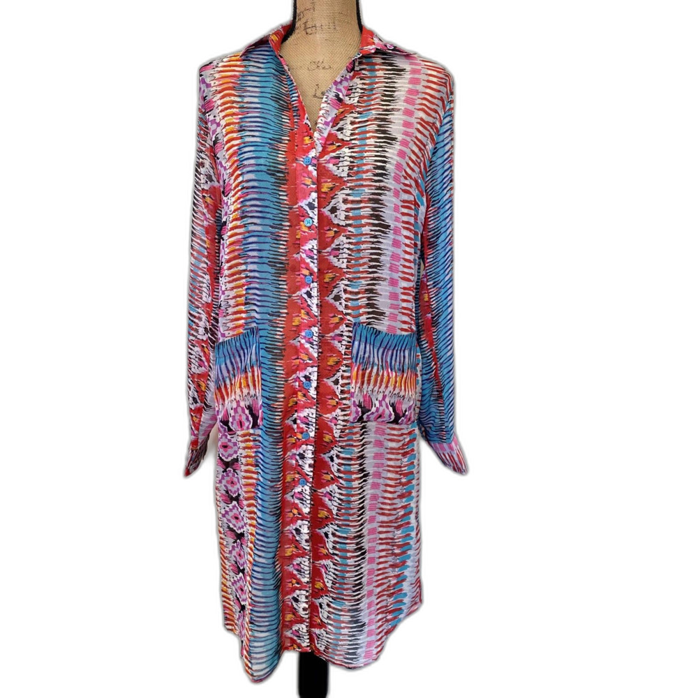 Turquoise Haven Swim Coverup Multicolor‎ Abstract Printed Button Down Size S/M